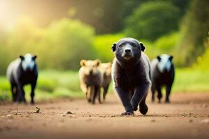 ein Gruppe von Bären Gehen auf ein Schmutz Straße. KI-generiert foto