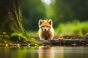 ein klein Fuchs Stehen auf ein Log im das Wasser. KI-generiert foto