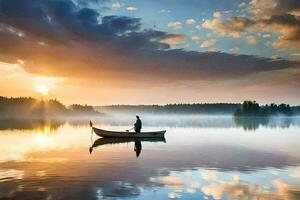 Mann im ein Boot auf ein See beim Sonnenaufgang. KI-generiert foto