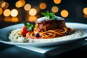 ein Teller von Spaghetti und Fleischklößchen auf ein Tisch. KI-generiert foto