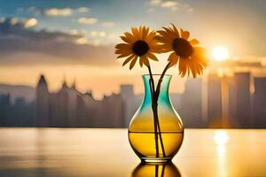 Sonnenblumen im ein Vase auf das Tisch. KI-generiert foto