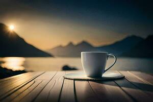 Kaffee Tasse auf hölzern Tabelle mit Berge im das Hintergrund. KI-generiert foto