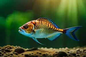 ein Fisch im ein Aquarium mit Sonnenlicht leuchtenden auf Es. KI-generiert foto