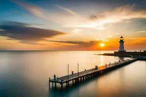 ein Leuchtturm beim Sonnenuntergang mit ein Dock und ein Seebrücke. KI-generiert foto