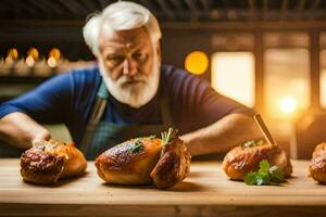 ein älter Mann ist vorbereiten Hähnchen auf ein Schneiden Tafel. KI-generiert foto