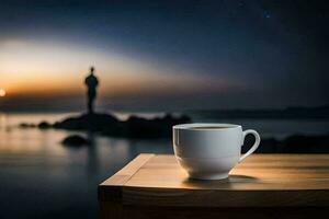 das Kaffee Tasse ist auf das Tabelle im Vorderseite von das Meer und das Silhouette von ein Mann Ist. KI-generiert foto