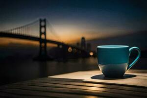ein Blau Tasse sitzt auf ein Tabelle im Vorderseite von ein Brücke. KI-generiert foto