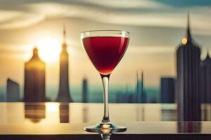 ein Glas von rot Wein auf ein Tabelle im Vorderseite von ein Stadt Horizont. KI-generiert foto