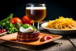 ein Teller mit ein Burger, Pasta und ein Glas von Bier. KI-generiert foto