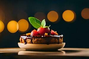 ein Erdbeere Kuchen mit Schokolade Soße und Erdbeeren auf ein hölzern Platte. KI-generiert foto