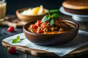 Hähnchen Curry im ein Schüssel mit ein hölzern Löffel. KI-generiert foto