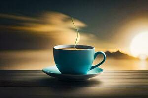 ein Tasse von Kaffee auf ein Tabelle mit ein Sonnenuntergang im das Hintergrund. KI-generiert foto