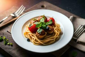 Spaghetti mit Fleischklößchen und Erdbeeren auf ein Platte. KI-generiert foto