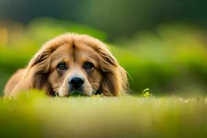 ein Hund Verlegung im das Gras. KI-generiert foto