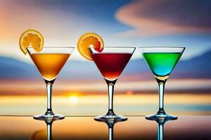drei anders farbig Cocktails auf ein Tisch. KI-generiert foto