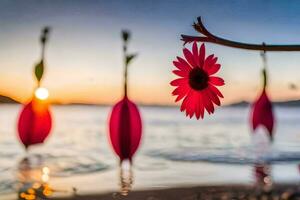 Foto Hintergrund das Himmel, Blumen, das Meer, das Strand, das Sonnenuntergang, das Wasser,. KI-generiert