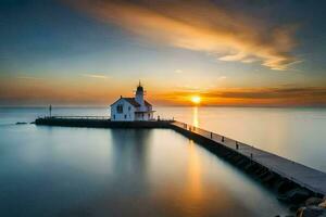 ein Leuchtturm sitzt auf das Wasser beim Sonnenuntergang. KI-generiert foto