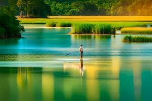 ein Mann ist Angeln im ein Fluss mit ein Boot. KI-generiert foto