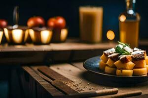 ein Teller von Essen auf ein hölzern Tisch. KI-generiert foto