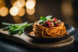 Spaghetti mit Tomate Soße und Basilikum auf ein schwarz Platte. KI-generiert foto