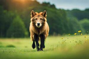 ein Wolf Gehen durch ein Feld mit Blumen. KI-generiert foto