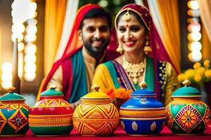 ein Paar im traditionell indisch Kleidung posieren zum ein Foto. KI-generiert foto
