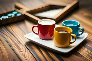 zwei Kaffee Tassen auf ein hölzern Tisch. KI-generiert foto
