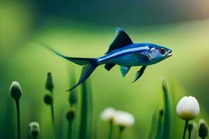 ein Blau Fisch ist fliegend Über ein Feld von Blumen. KI-generiert foto