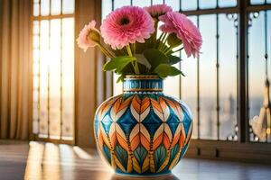 ein bunt Vase mit Rosa Blumen Sitzung auf ein Tisch. KI-generiert foto