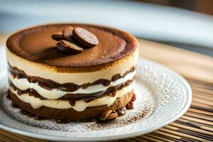 ein Kuchen mit Schokolade und Sahne auf oben. KI-generiert foto