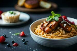 ein Schüssel von Spaghetti mit Fleisch und Beeren. KI-generiert foto