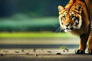 ein Tiger Gehen auf das Straße im Vorderseite von ein Grün Hintergrund. KI-generiert foto