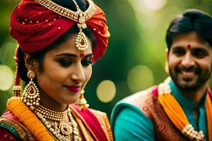 ein Mann und Frau im traditionell indisch Kleidung. KI-generiert foto