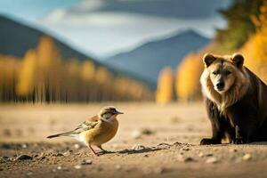 ein Bär und ein Vogel im das Mitte von ein Feld. KI-generiert foto