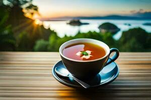 ein Tasse von Tee auf das Tabelle mit ein Aussicht von das Sonnenuntergang. KI-generiert foto