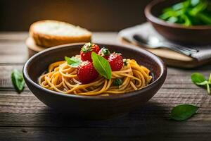 Spaghetti mit frisch Erdbeeren und Basilikum Blätter im ein Schüssel. KI-generiert foto