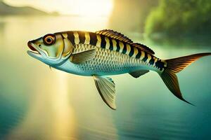 ein Fisch im das Wasser mit ein Sonne im das Hintergrund. KI-generiert foto