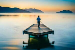 Mann Stehen auf ein hölzern Dock beim Sonnenuntergang. KI-generiert foto