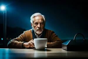 ein älter Mann Sitzung beim ein Tabelle mit ein Tasse von Kaffee. KI-generiert foto
