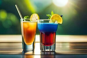 zwei Getränke mit Zitrone und Blau und Rot. KI-generiert foto