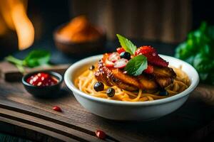 Hähnchen mit Pasta und Beeren auf ein hölzern Tisch. KI-generiert foto