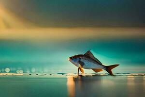 ein Fisch ist Stehen auf das Strand beim Sonnenuntergang. KI-generiert foto