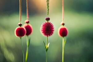 rot Blumen hängend von ein Schnur. KI-generiert foto