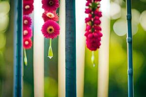 Rosa Blumen hängend von ein Bambus Pole im ein Garten. KI-generiert foto