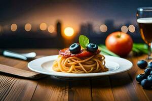 Spaghetti mit Tomaten und Blaubeeren auf ein Platte. KI-generiert foto