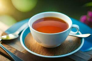 ein Tasse von Tee auf ein hölzern Tisch. KI-generiert foto