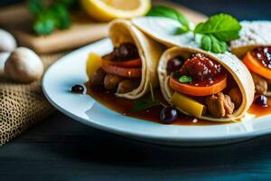 zwei Tortillas mit Fleisch und Gemüse auf ein Platte. KI-generiert foto