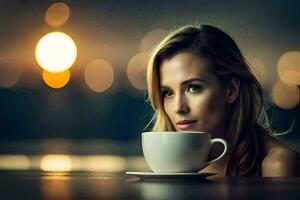 ein schön Frau mit ein Tasse von Kaffee. KI-generiert foto