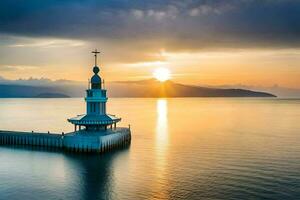 das Leuchtturm beim Sonnenuntergang im das Ozean. KI-generiert foto