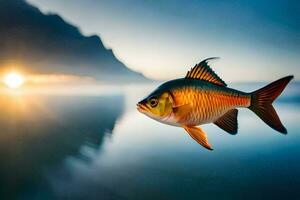 ein Fisch ist fliegend Über das Ozean beim Sonnenuntergang. KI-generiert foto